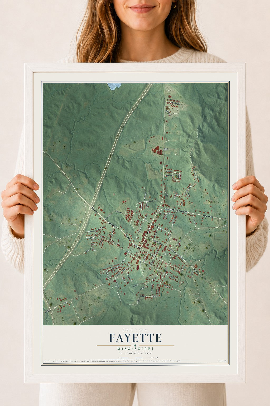 Map of Fayette, Mississippi, 18 x 24 inch print in a white wood frame