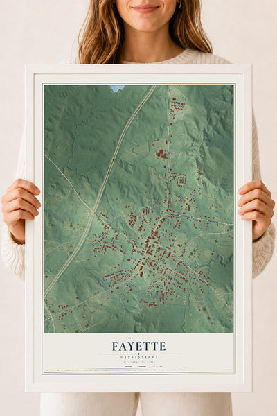Map of Fayette, Mississippi, 18 x 24 inch print in a white wood frame