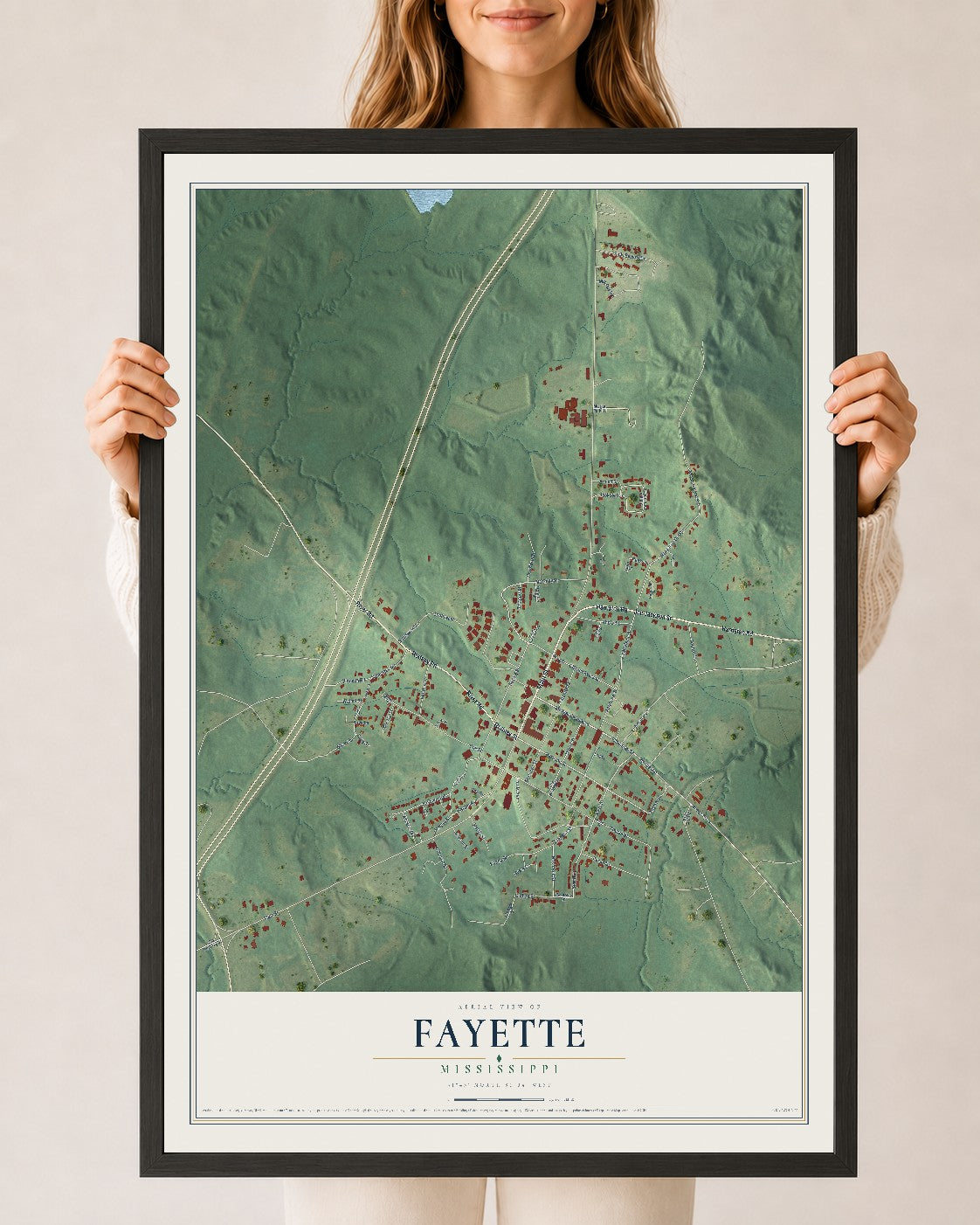 Map of Fayette, Mississippi, 24 x 36 inch print in a black wood frame