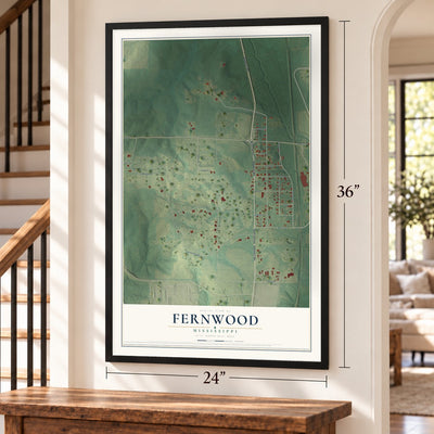Fernwood, Mississippi map, 24 x 36 inch print in a black frame by a staircase