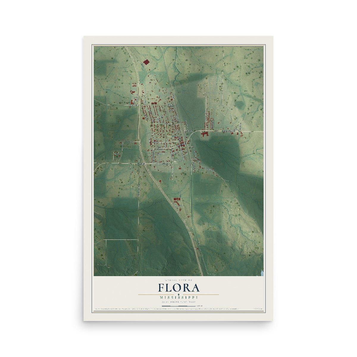 Map of Flora, Mississippi, 12 x 18 inch unframed archival matte print