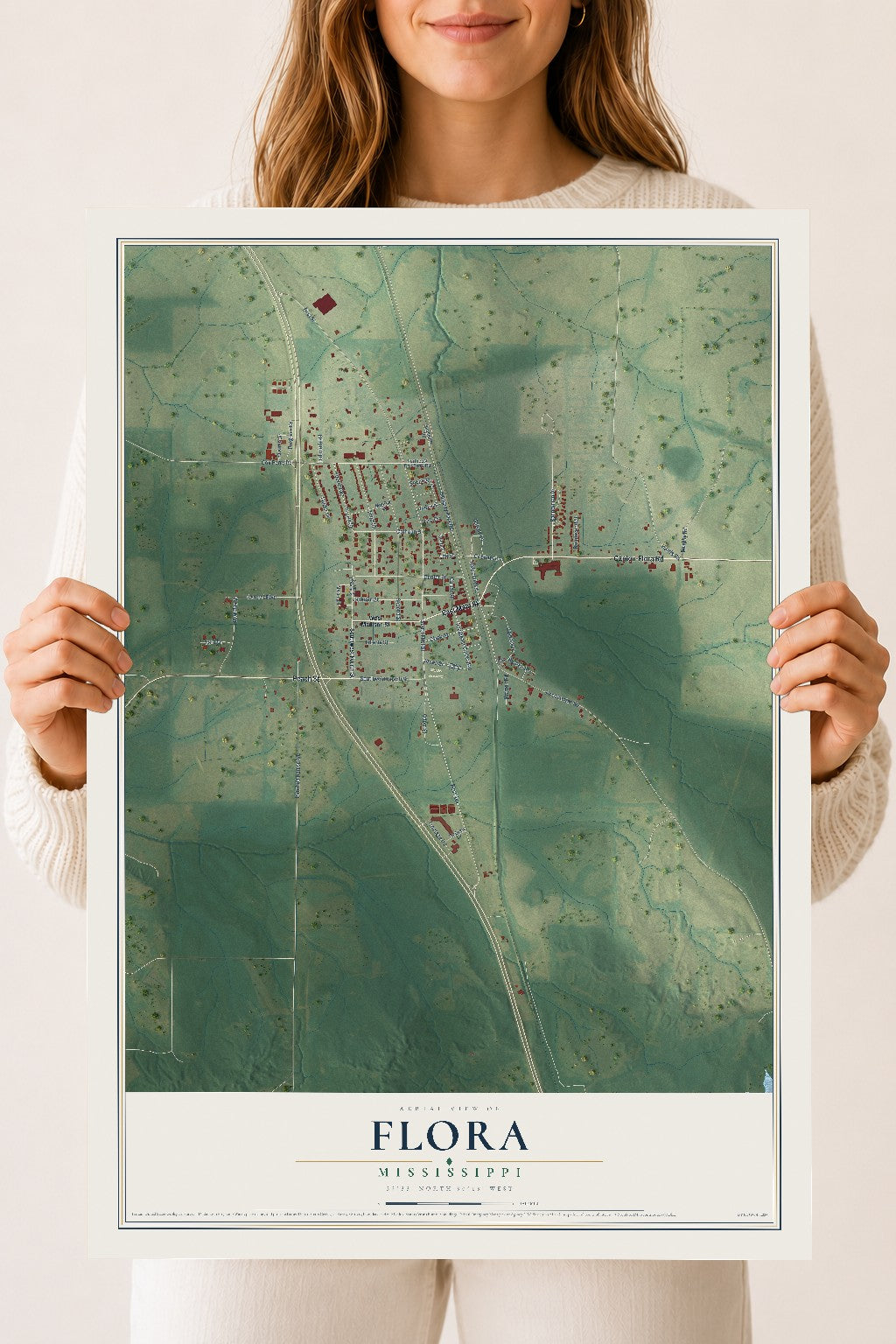 Map of Flora, Mississippi, 18 x 24 inch unframed archival matte print