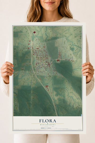 Map of Flora, Mississippi, 18 x 24 inch unframed archival matte print
