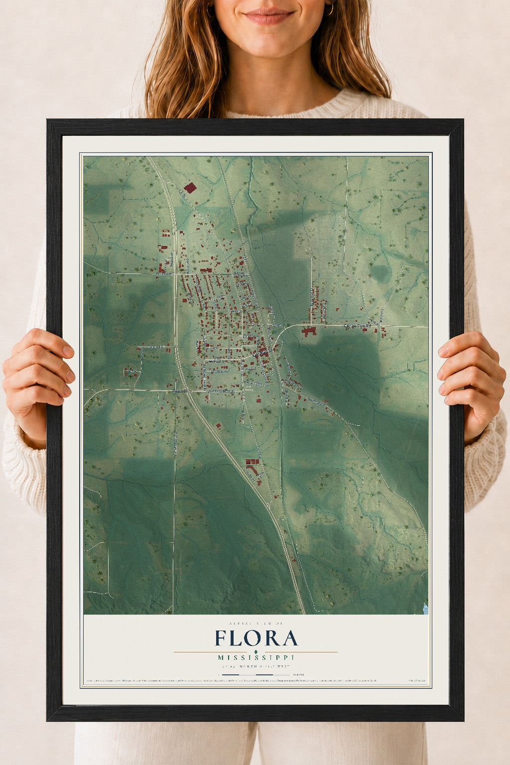 Map of Flora, Mississippi, 18 x 24 inch print in a black wood frame