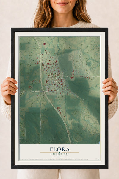 Map of Flora, Mississippi, 18 x 24 inch print in a black wood frame
