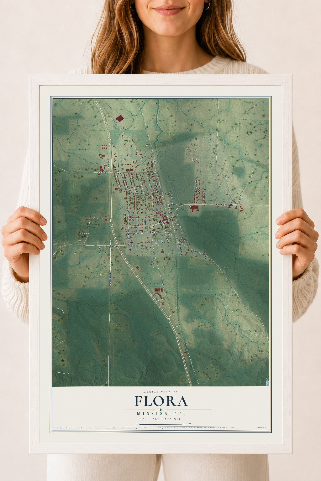Map of Flora, Mississippi, 18 x 24 inch print in a white wood frame