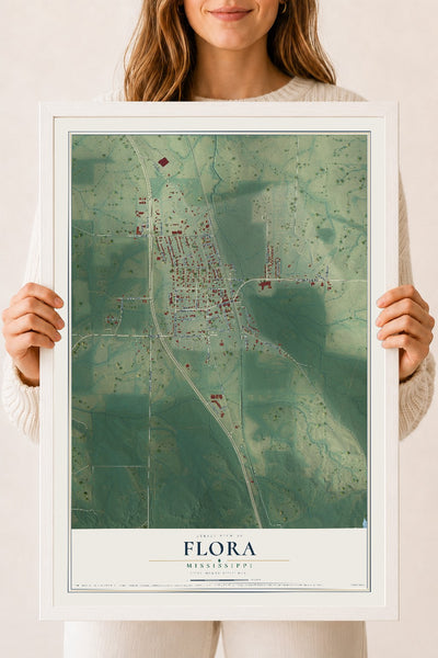 Map of Flora, Mississippi, 18 x 24 inch print in a white wood frame
