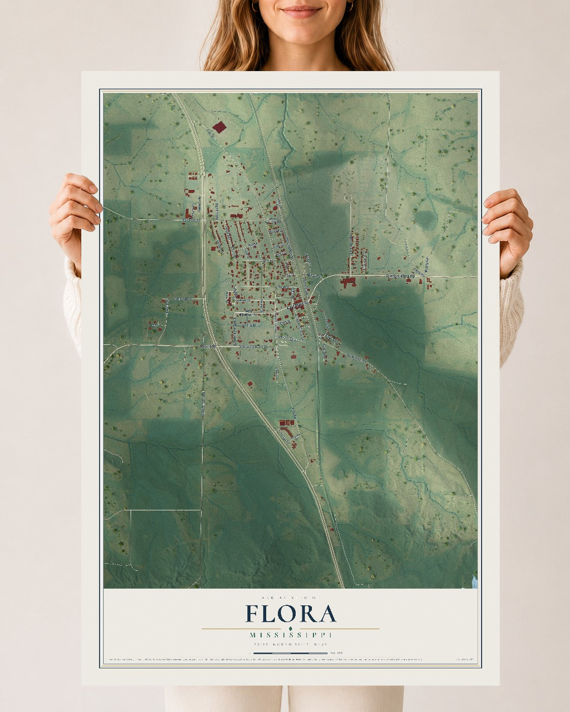 Map of Flora, Mississippi, 24 x 36 inch unframed archival matte print