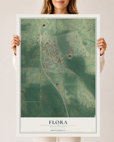 Map of Flora, Mississippi, 24 x 36 inch unframed archival matte print