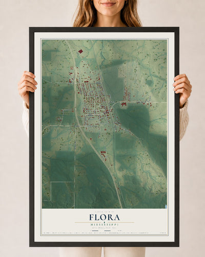 Map of Flora, Mississippi, 24 x 36 inch print in a black wood frame