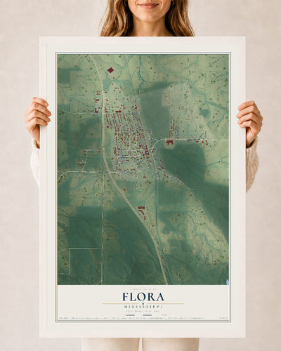 Map of Flora, Mississippi, 24 x 36 inch print in a white wood frame