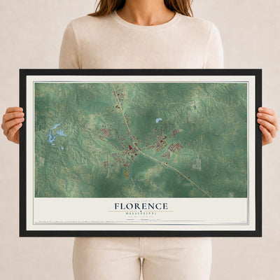 Map of Florence, Mississippi, 12 x 18 inch print in a black wood frame