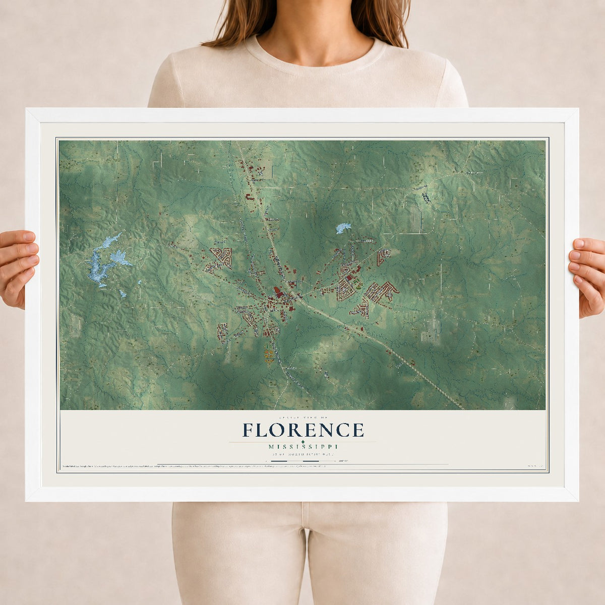 Map of Florence, Mississippi, 18 x 24 inch print in a white wood frame
