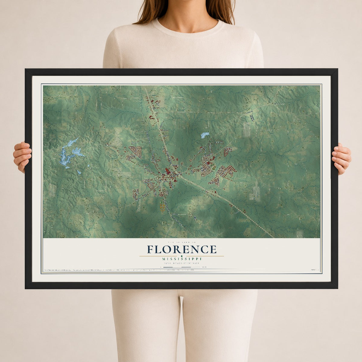 Map of Florence, Mississippi, 24 x 36 inch print in a black wood frame