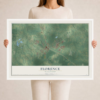 Map of Florence, Mississippi, 24 x 36 inch print in a white wood frame