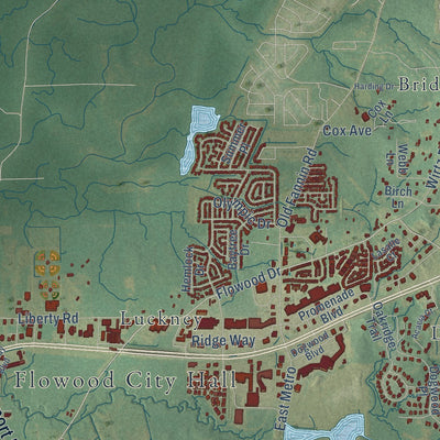 Second close-up of the map of Flowood, Mississippi print showing more streets and buildings