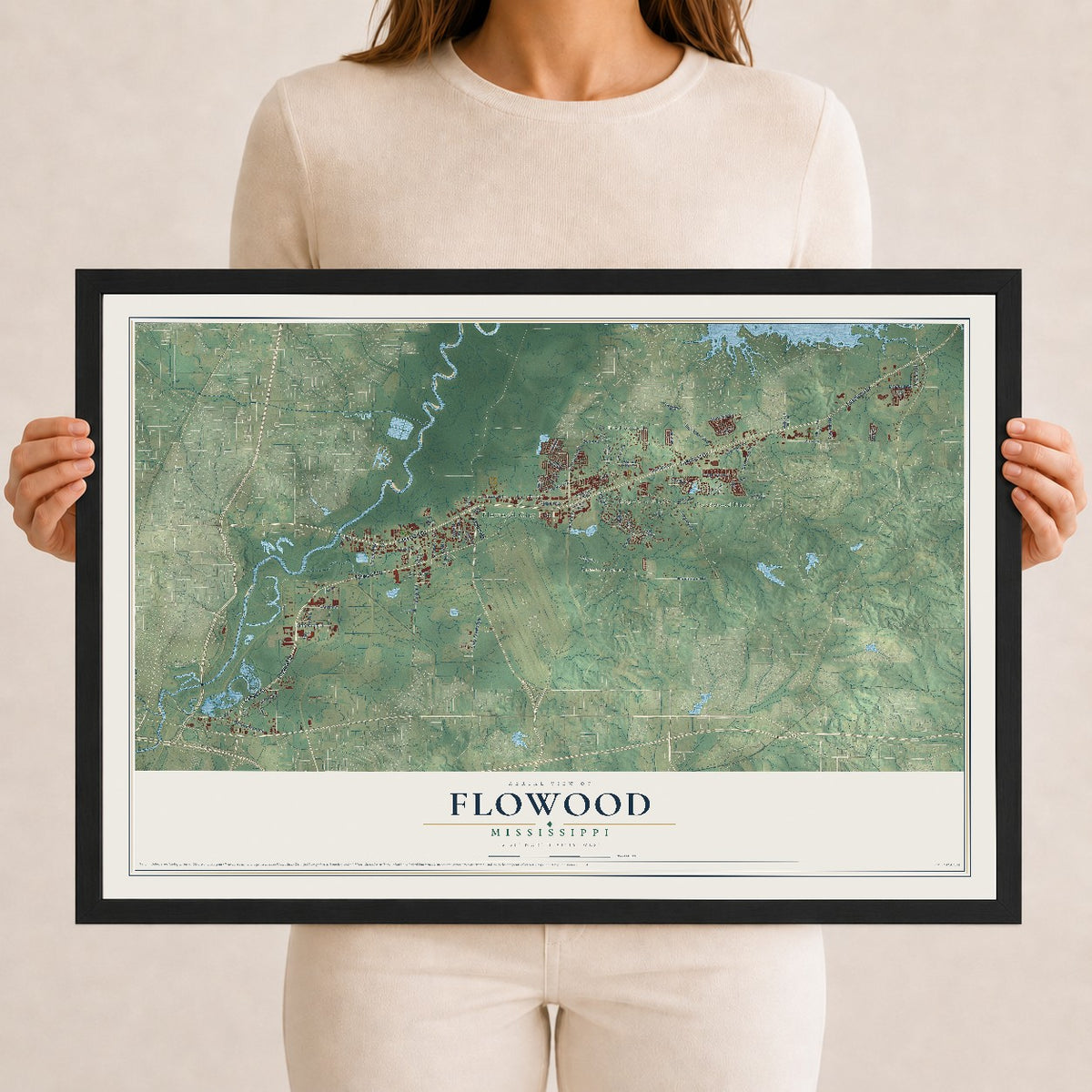 Map of Flowood, Mississippi, 12 x 18 inch print in a black wood frame