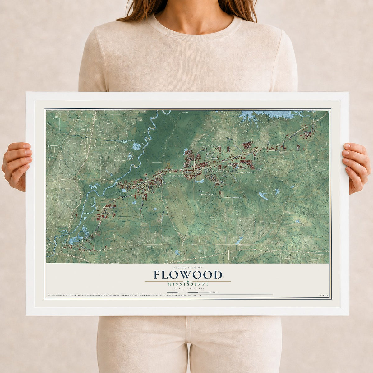 Map of Flowood, Mississippi, 12 x 18 inch print in a white wood frame