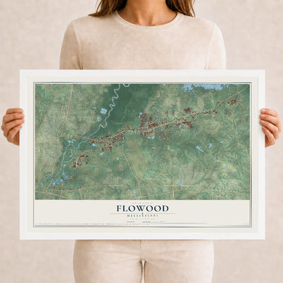 Map of Flowood, Mississippi, 12 x 18 inch print in a white wood frame