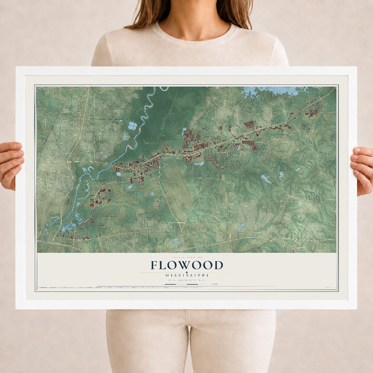 Map of Flowood, Mississippi, 18 x 24 inch print in a white wood frame
