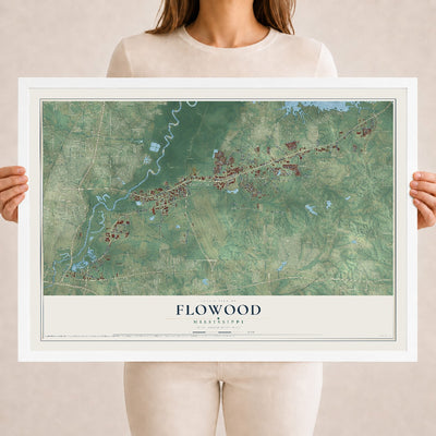 Map of Flowood, Mississippi, 18 x 24 inch print in a white wood frame