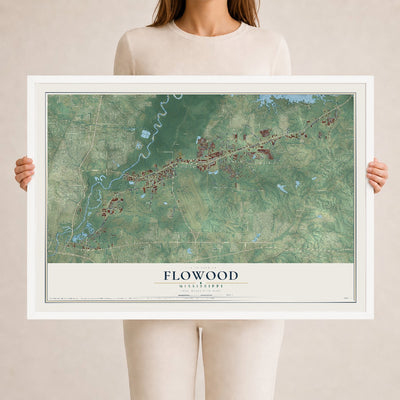 Map of Flowood, Mississippi, 24 x 36 inch print in a white wood frame