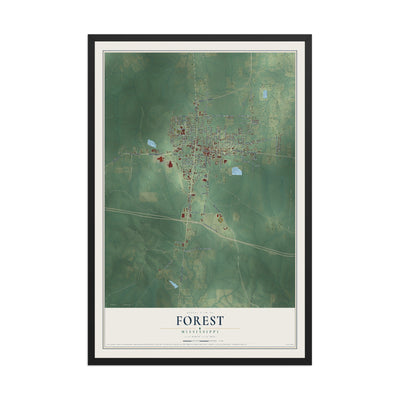 Map of Forest, Mississippi, 12 x 18 inch print in a black wood frame
