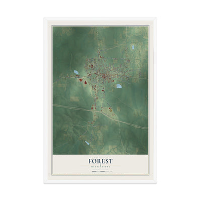 Map of Forest, Mississippi, 12 x 18 inch print in a white wood frame