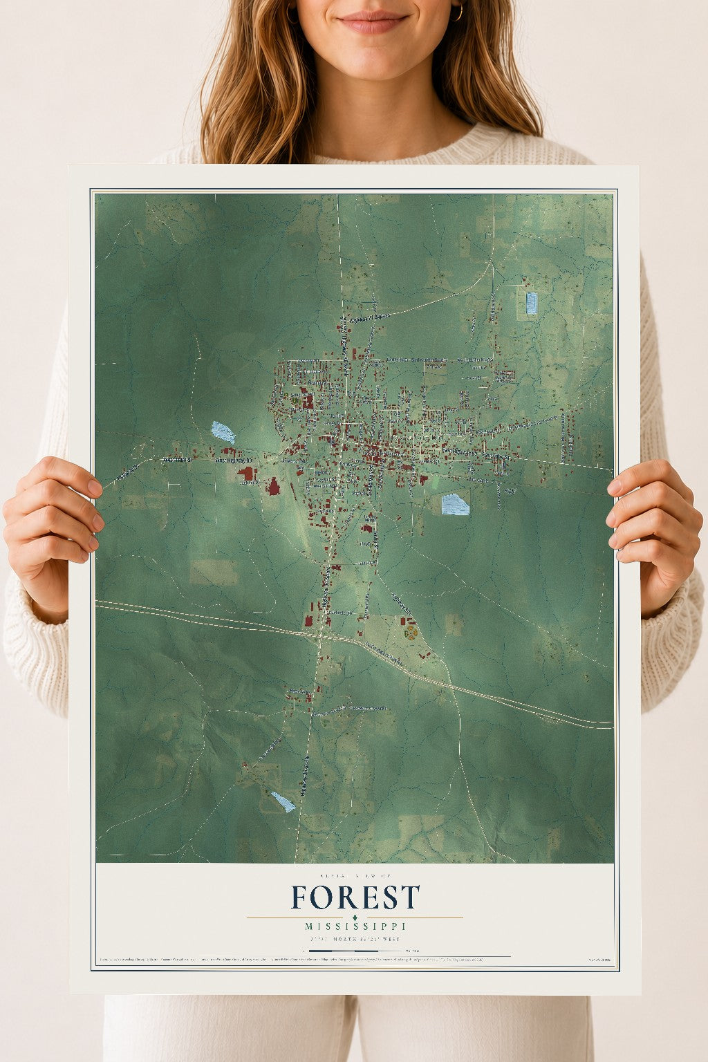 Map of Forest, Mississippi, 18 x 24 inch unframed archival matte print