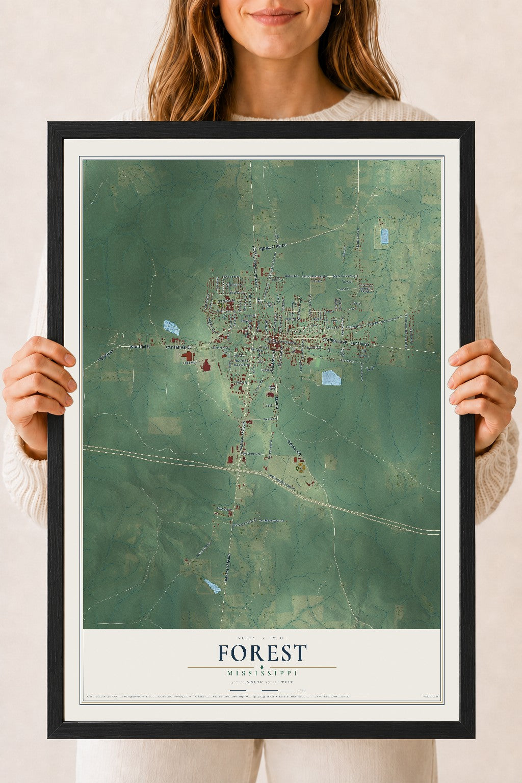 Map of Forest, Mississippi, 18 x 24 inch print in a black wood frame