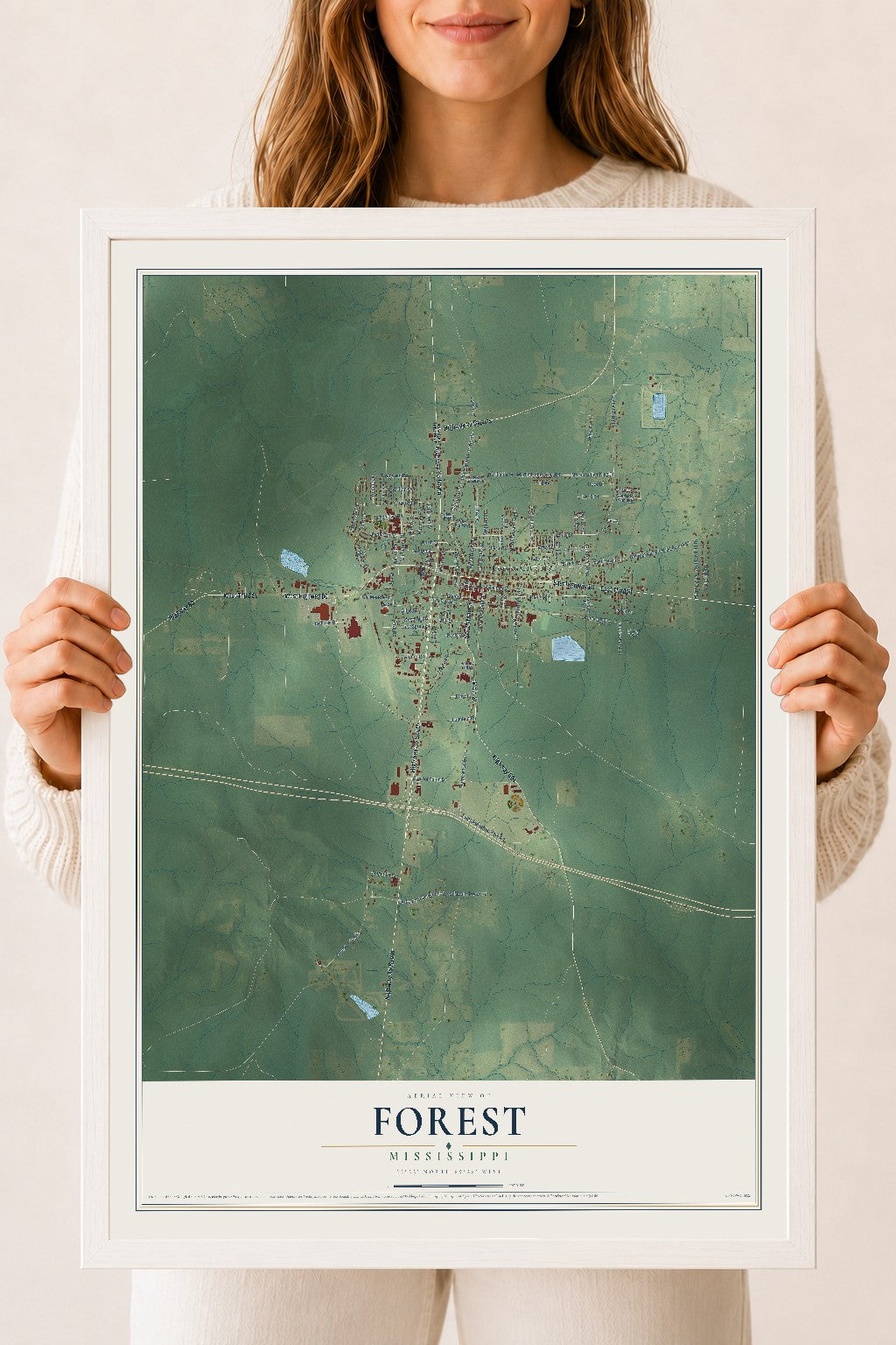 Map of Forest, Mississippi, 18 x 24 inch print in a white wood frame