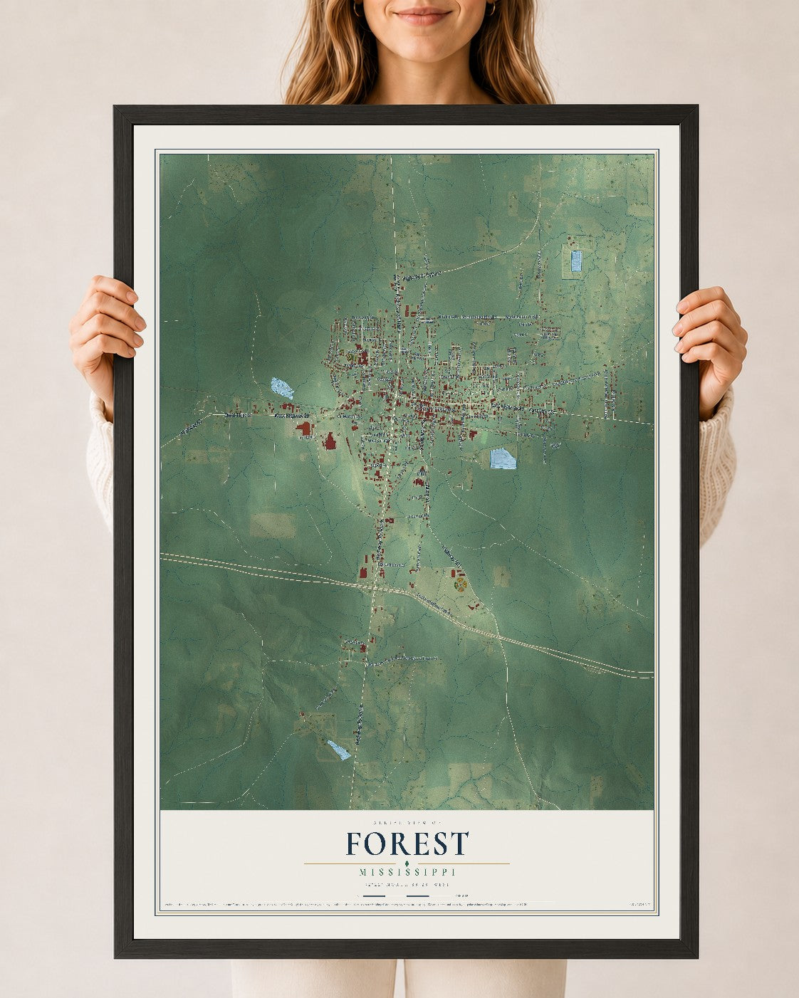 Map of Forest, Mississippi, 24 x 36 inch print in a black wood frame