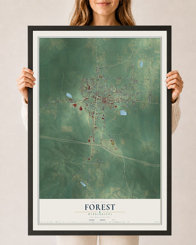 Map of Forest, Mississippi, 24 x 36 inch print in a black wood frame