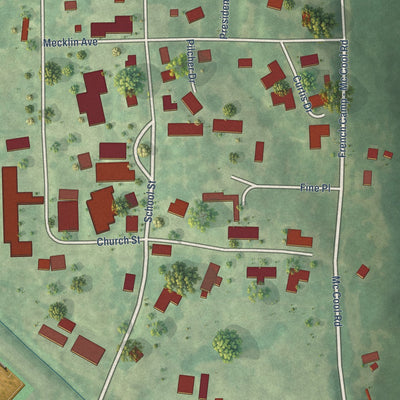 Close-up of the map of French Camp, Mississippi print showing street and building detail