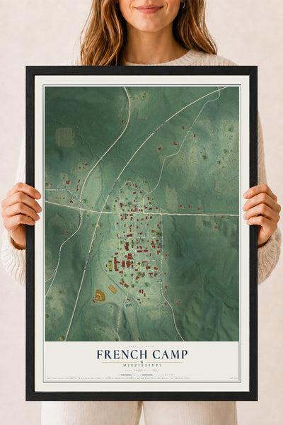 Map of French Camp, Mississippi, 18 x 24 inch print in a black wood frame