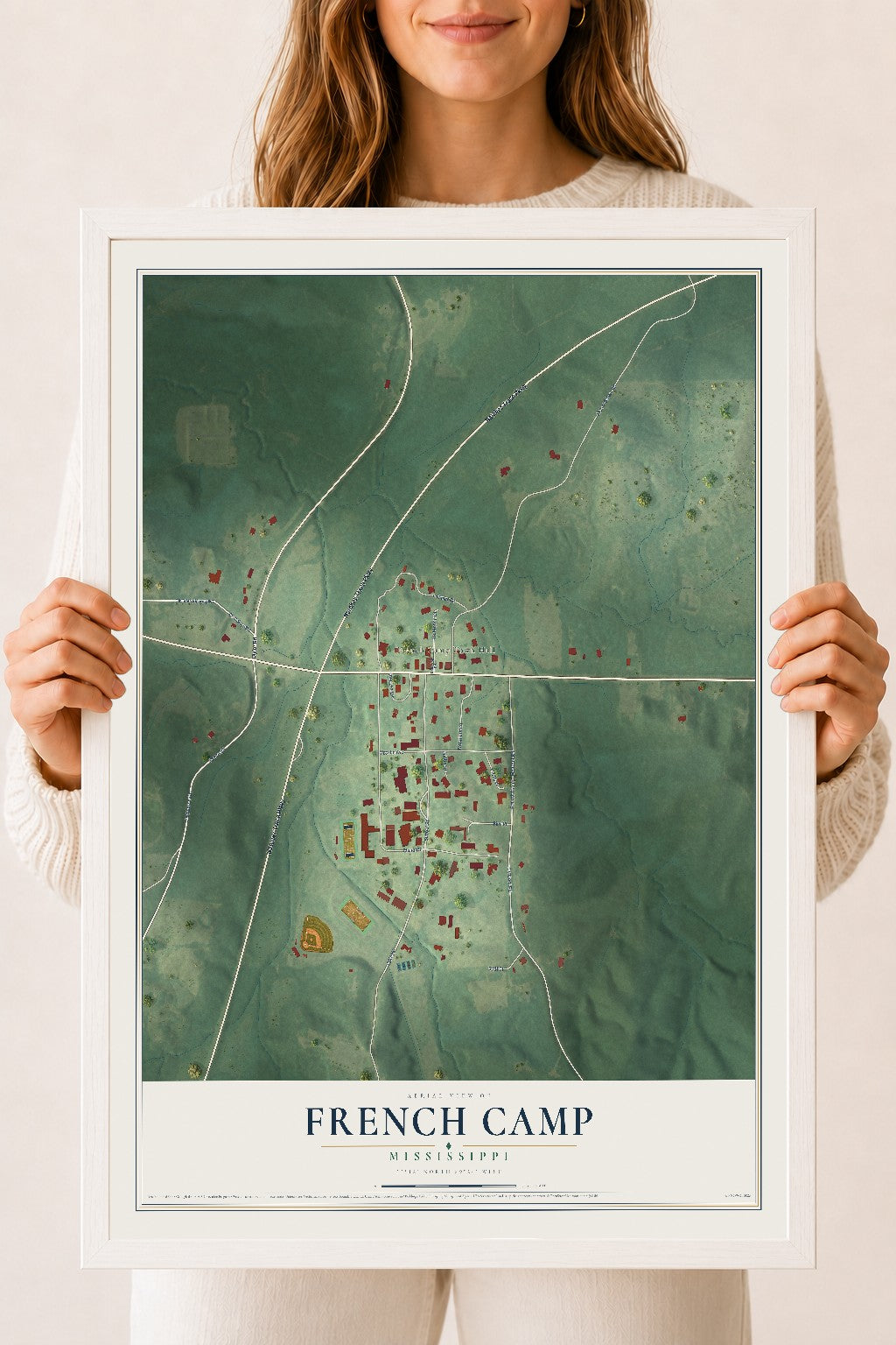 Map of French Camp, Mississippi, 18 x 24 inch print in a white wood frame