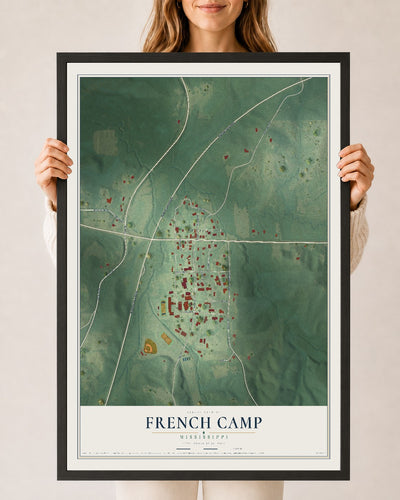 Map of French Camp, Mississippi, 24 x 36 inch print in a black wood frame