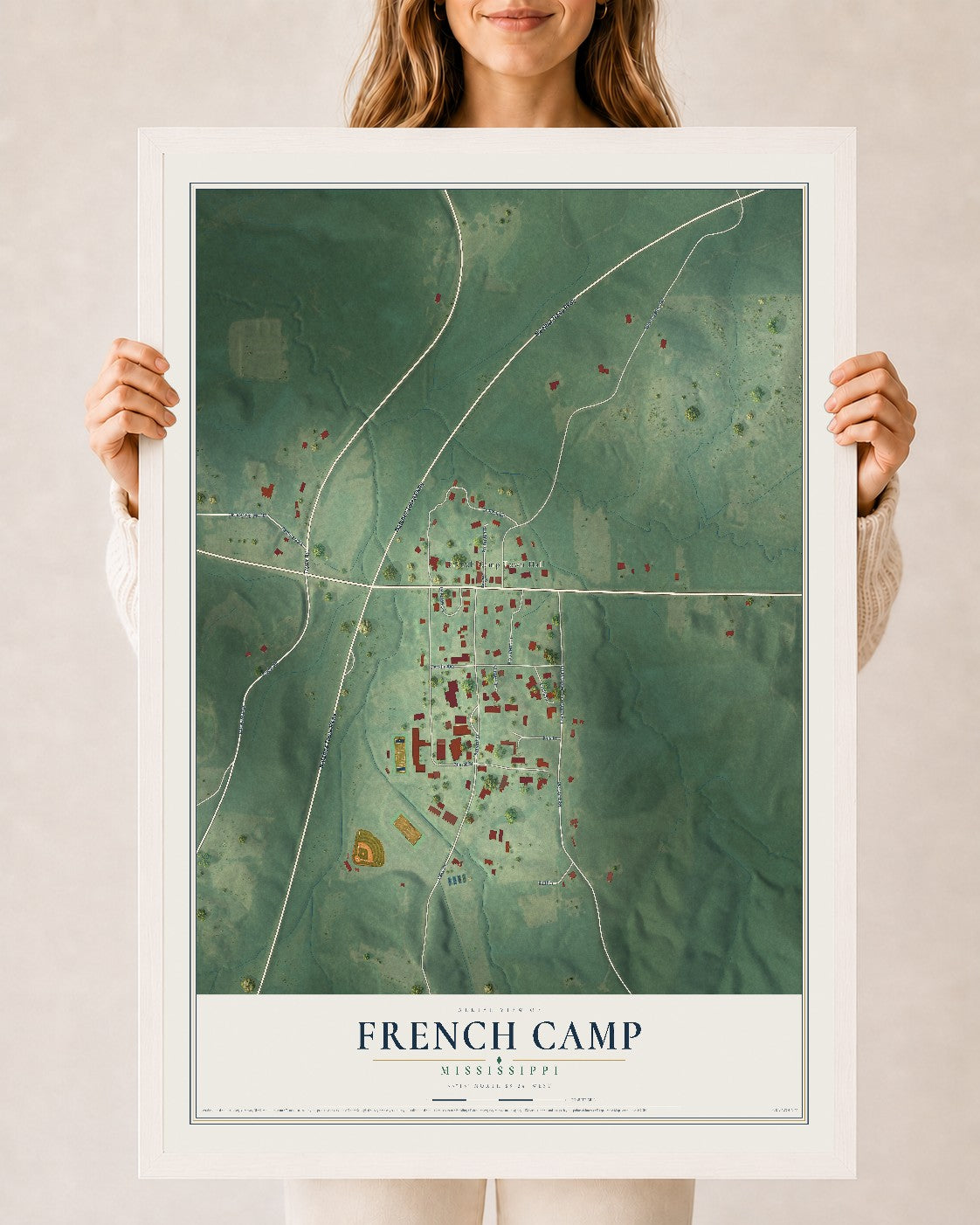 Map of French Camp, Mississippi, 24 x 36 inch print in a white wood frame