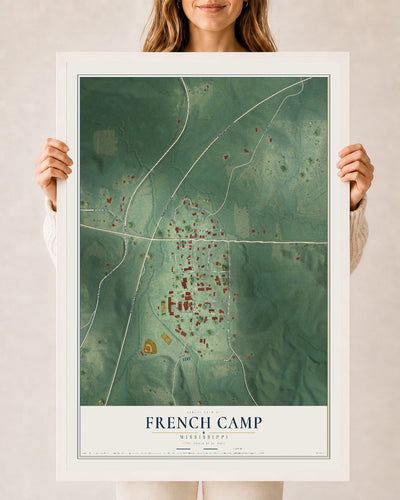 Map of French Camp, Mississippi, 24 x 36 inch print in a white wood frame