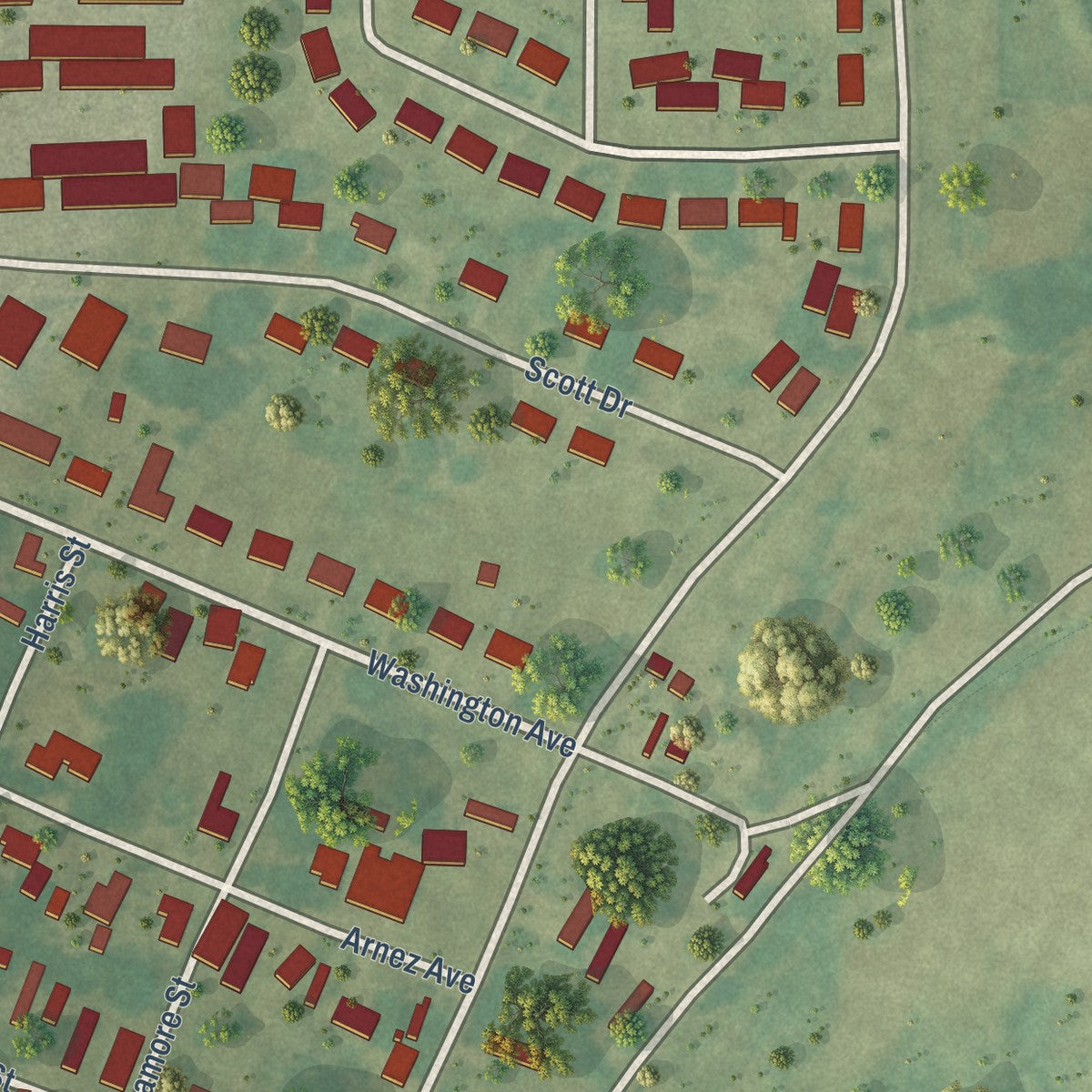 Close-up of the map of Friars Point, Mississippi print showing street and building detail