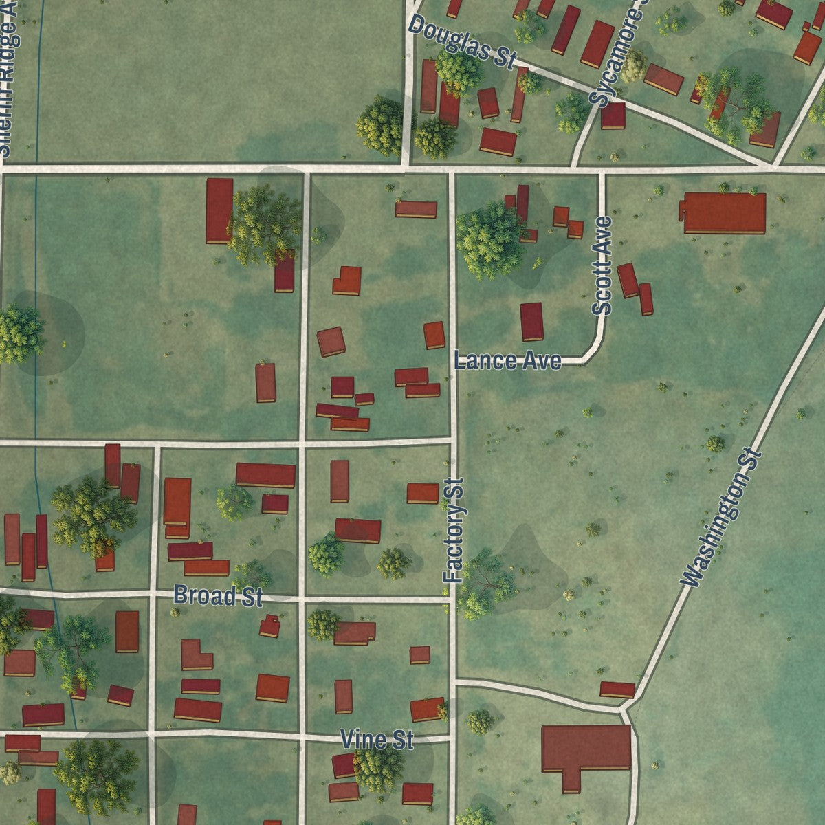 Second close-up of the map of Friars Point, Mississippi print showing more streets and buildings