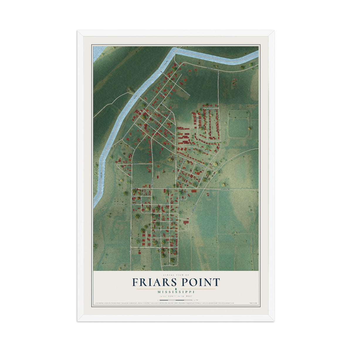 Map of Friars Point, Mississippi, 12 x 18 inch print in a white wood frame