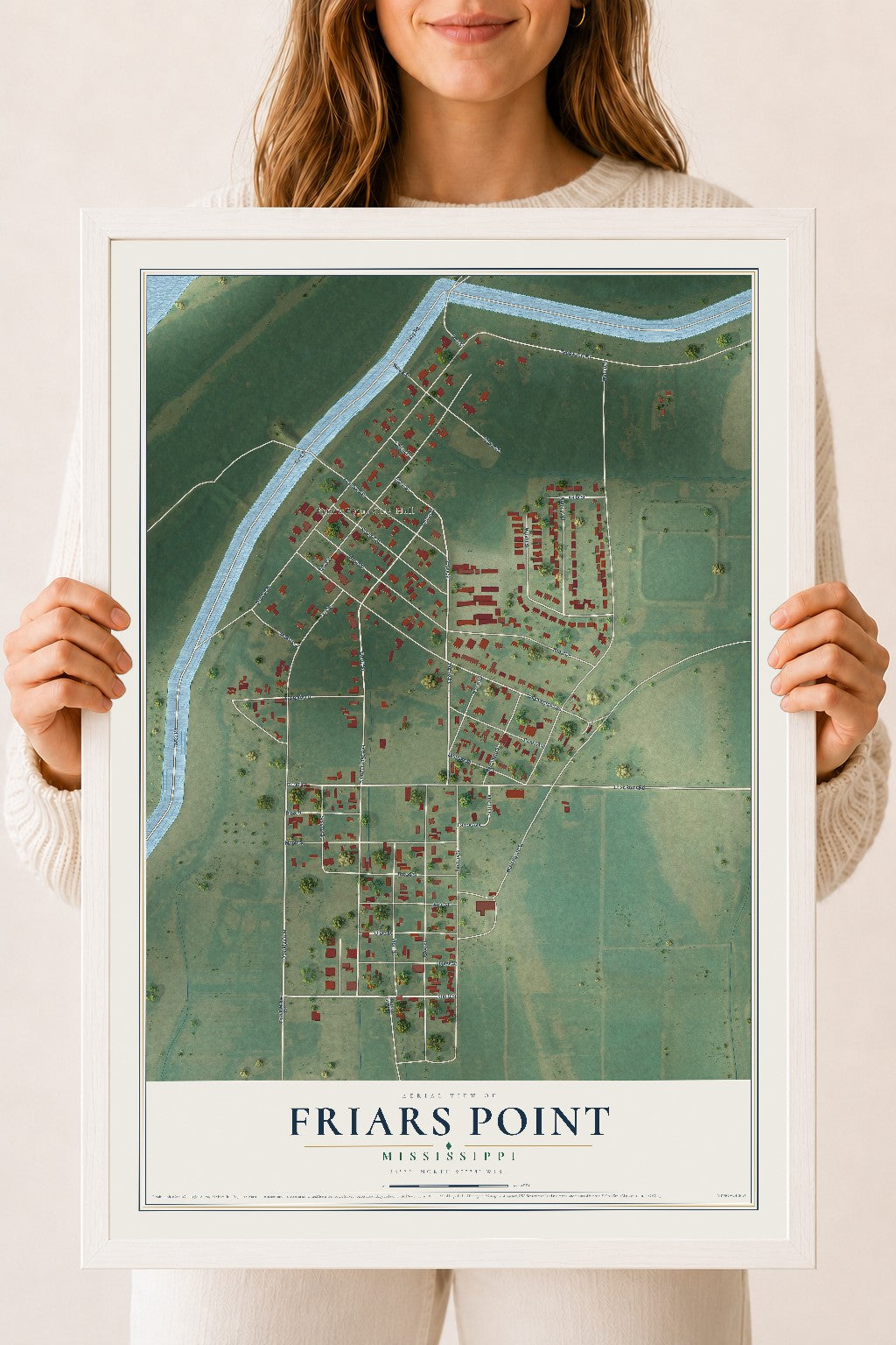 Map of Friars Point, Mississippi, 18 x 24 inch print in a white wood frame