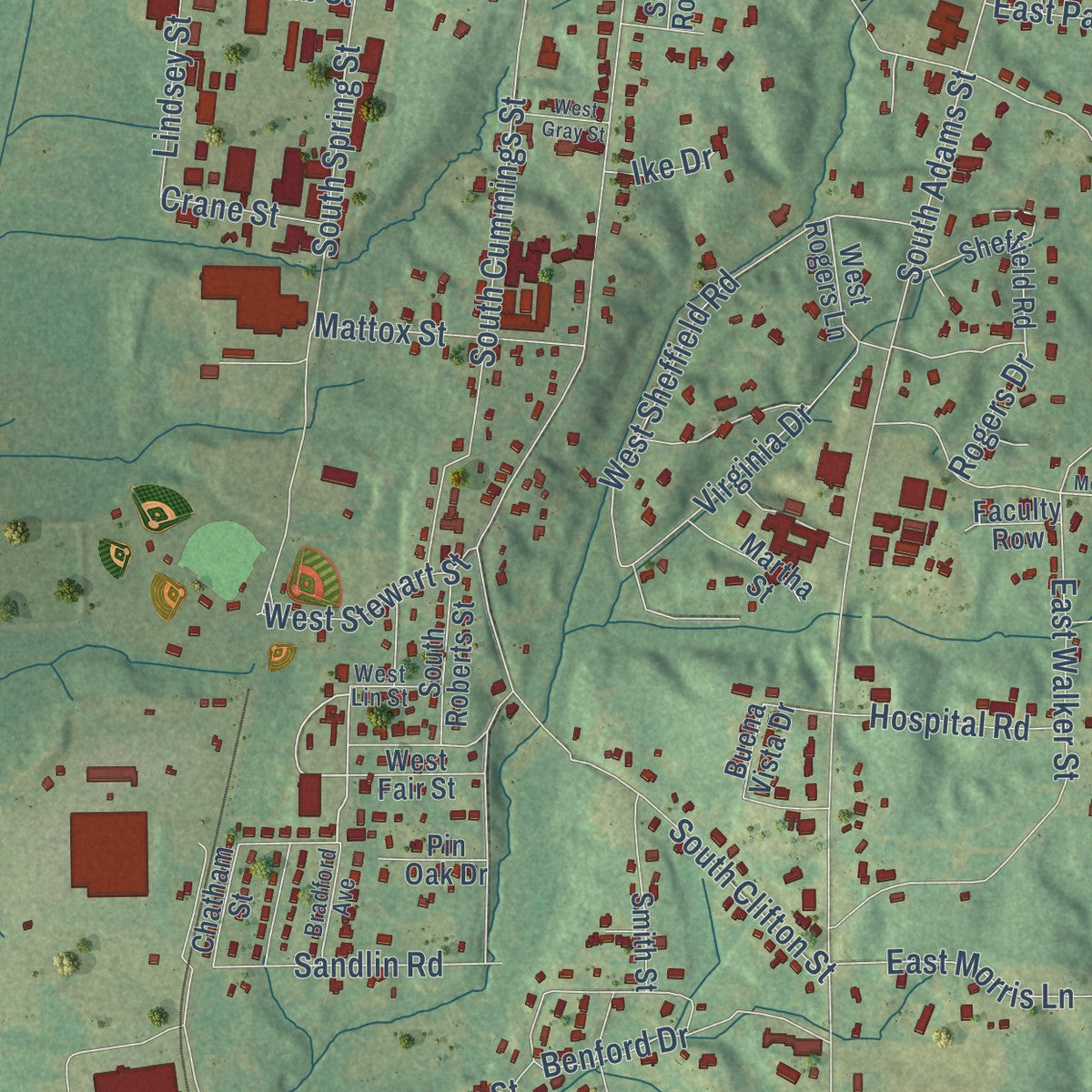 Close-up of the map of Fulton, Mississippi print showing street and building detail