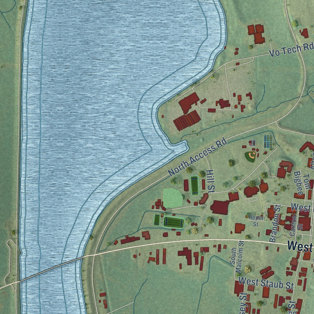 Second close-up of the map of Fulton, Mississippi print showing more streets and buildings