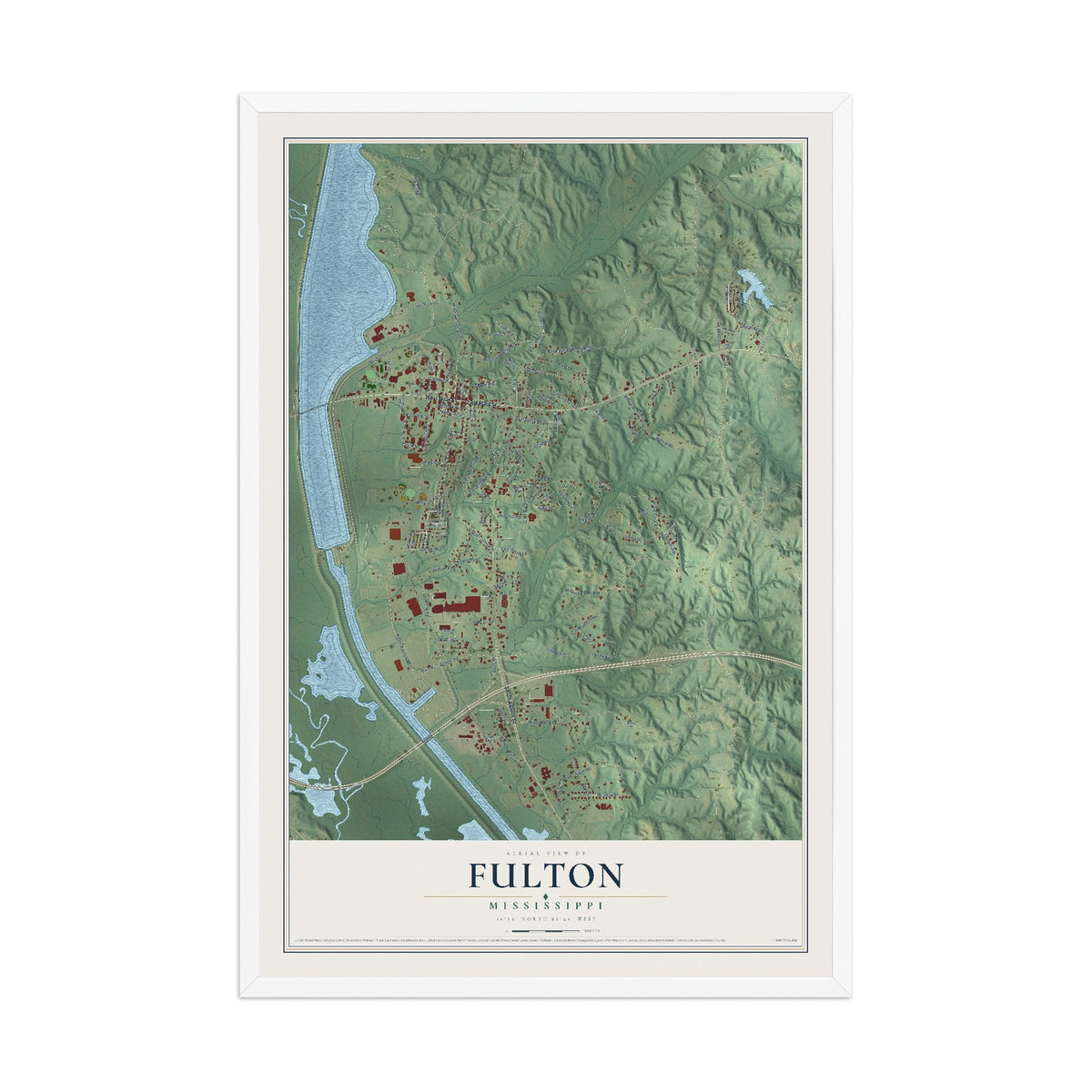 Map of Fulton, Mississippi, 12 x 18 inch print in a white wood frame