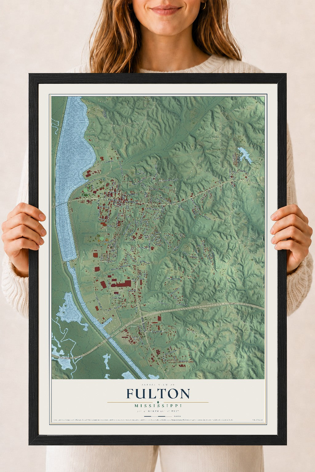 Map of Fulton, Mississippi, 18 x 24 inch print in a black wood frame