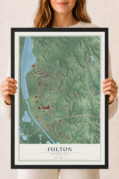 Map of Fulton, Mississippi, 18 x 24 inch print in a black wood frame