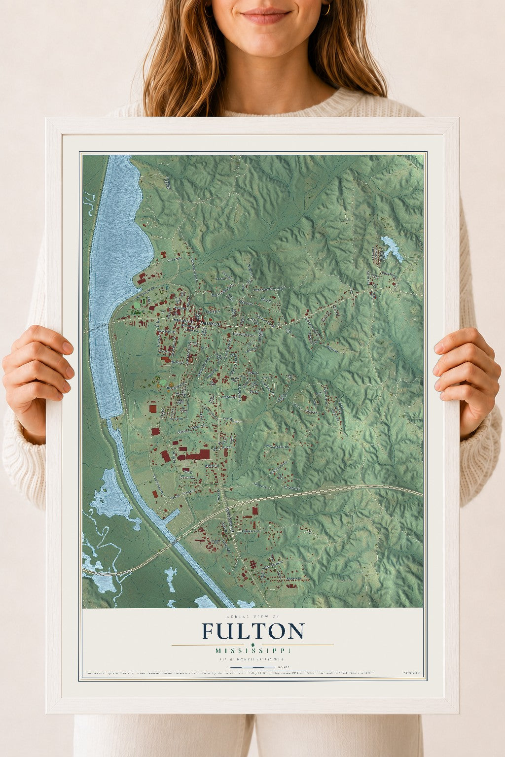 Map of Fulton, Mississippi, 18 x 24 inch print in a white wood frame