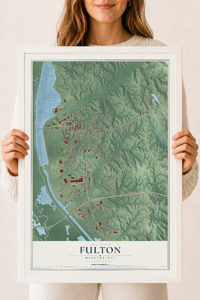 Map of Fulton, Mississippi, 18 x 24 inch print in a white wood frame